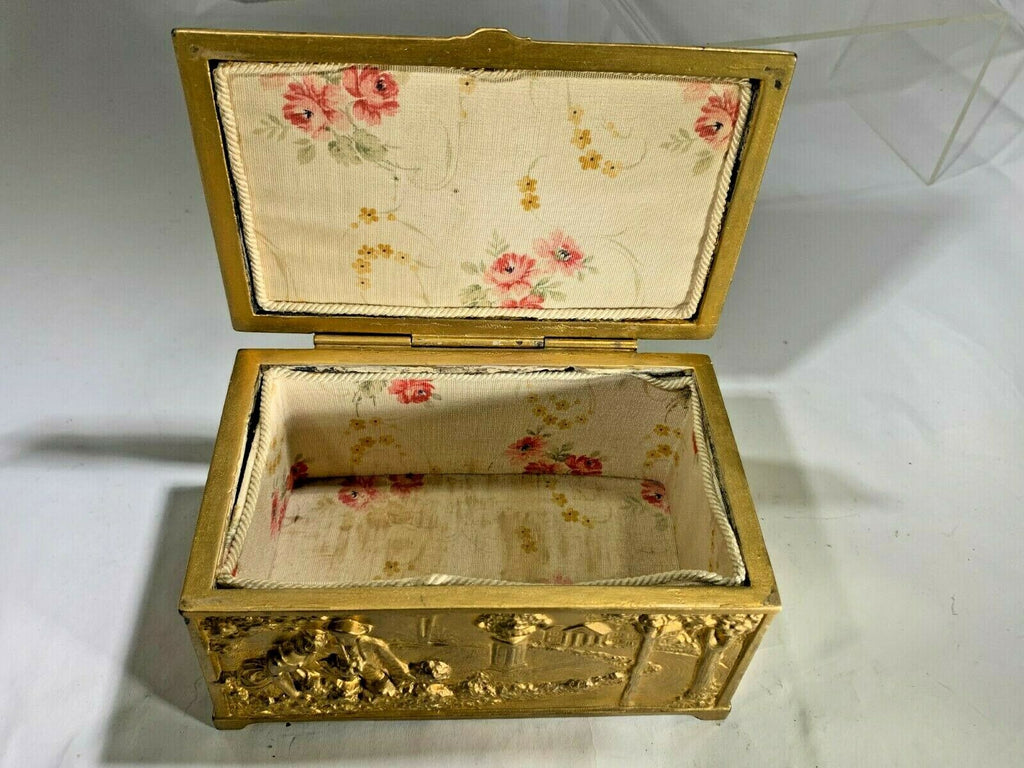 Antique Jennings Brothers Gold Gilt Heavy Bronze High Relief Scenic Lined Jewelry Casket Box Measures 6" x 3 1/2"