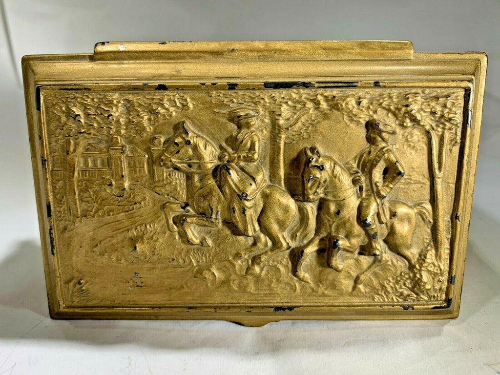 Antique Jennings Brothers Gold Gilt Heavy Bronze High Relief Scenic Lined Jewelry Casket Box Measures 6" x 3 1/2"