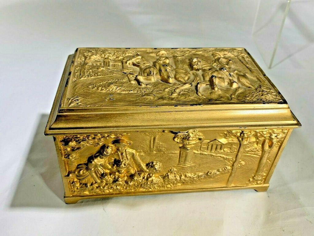 Antique Jennings Brothers Gold Gilt Heavy Bronze High Relief Scenic Lined Jewelry Casket Box Measures 6" x 3 1/2"