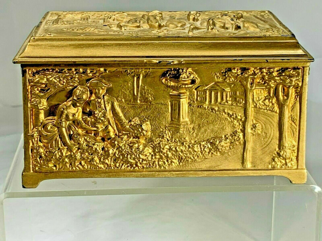 Antique Jennings Brothers Gold Gilt Heavy Bronze High Relief Scenic Lined Jewelry Casket Box Measures 6" x 3 1/2"