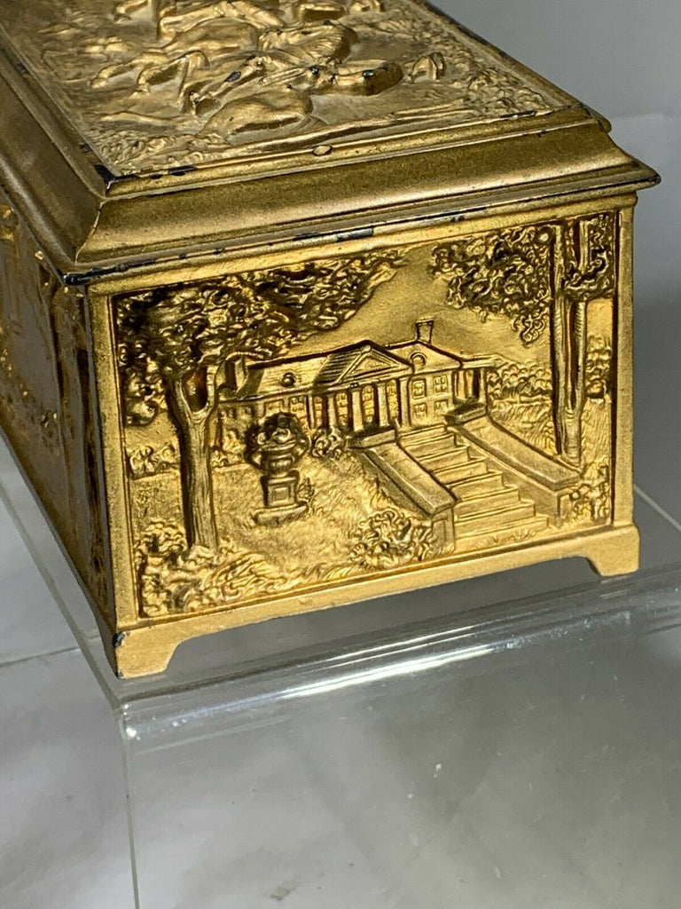 Antique Jennings Brothers Gold Gilt Heavy Bronze High Relief Scenic Lined Jewelry Casket Box Measures 6" x 3 1/2"