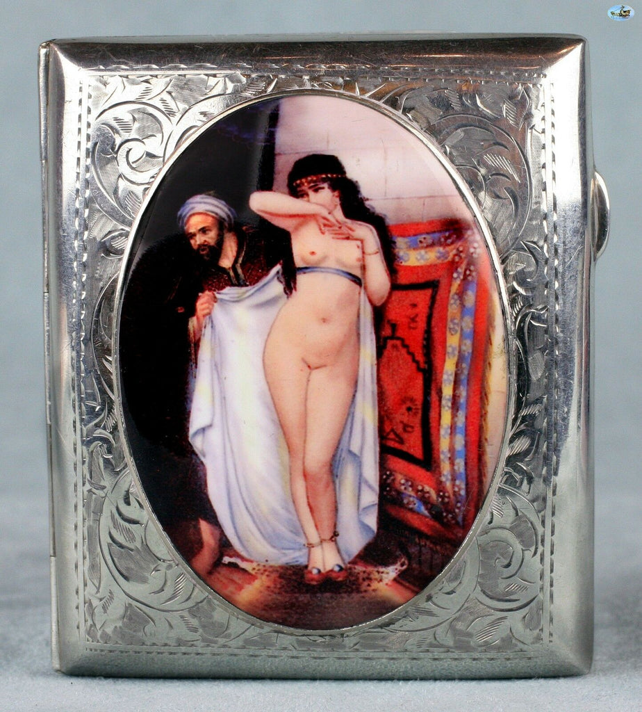 Antique British Erotic 1916s Nude Harem Lady & Arab Man Sterling Silver Pictorial Enamel Cigarette Case