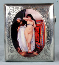 Load image into Gallery viewer, Antique British Erotic 1916s Nude Harem Lady &amp; Arab Man Sterling Silver Pictorial Enamel Cigarette Case