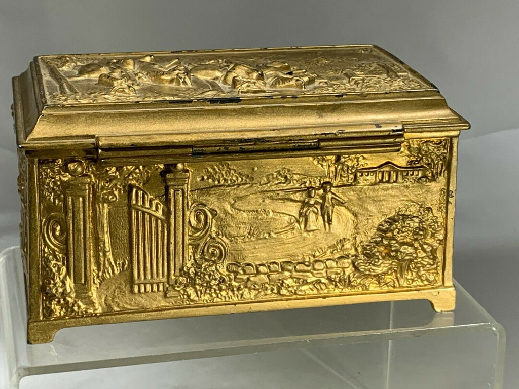 Antique Jennings Brothers Gold Gilt Heavy Bronze High Relief Scenic Lined Jewelry Casket Box Measures 6" x 3 1/2"