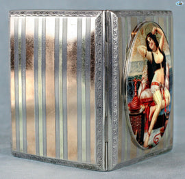 Antique British Erotic 1920s Nude Harem Lady Sterling Silver Pictorial Enamel Cigarette Case