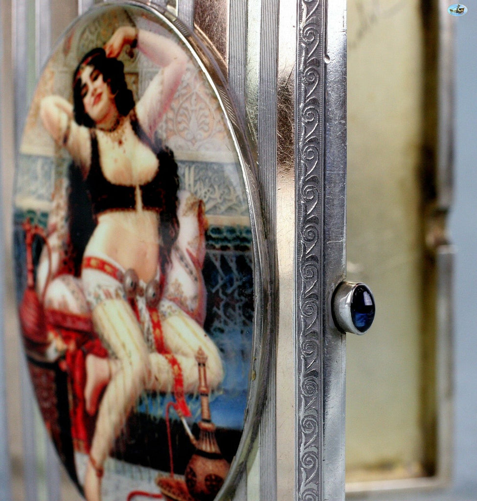 Antique British Erotic 1920s Nude Harem Lady Sterling Silver Pictorial Enamel Cigarette Case