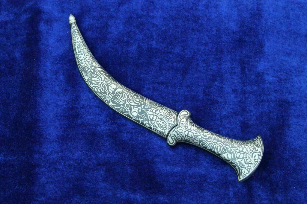 11" Persian Jambiya Dagger Khanjar Knife Silver Inlay Damascened Design Work