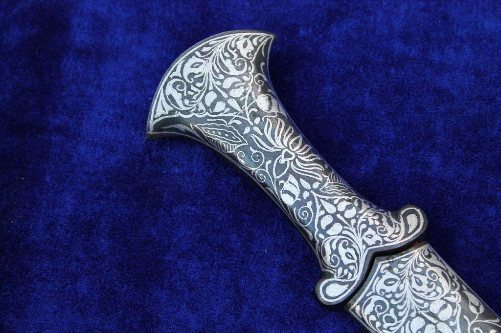 11" Persian Jambiya Dagger Khanjar Knife Silver Inlay Damascened Design Work