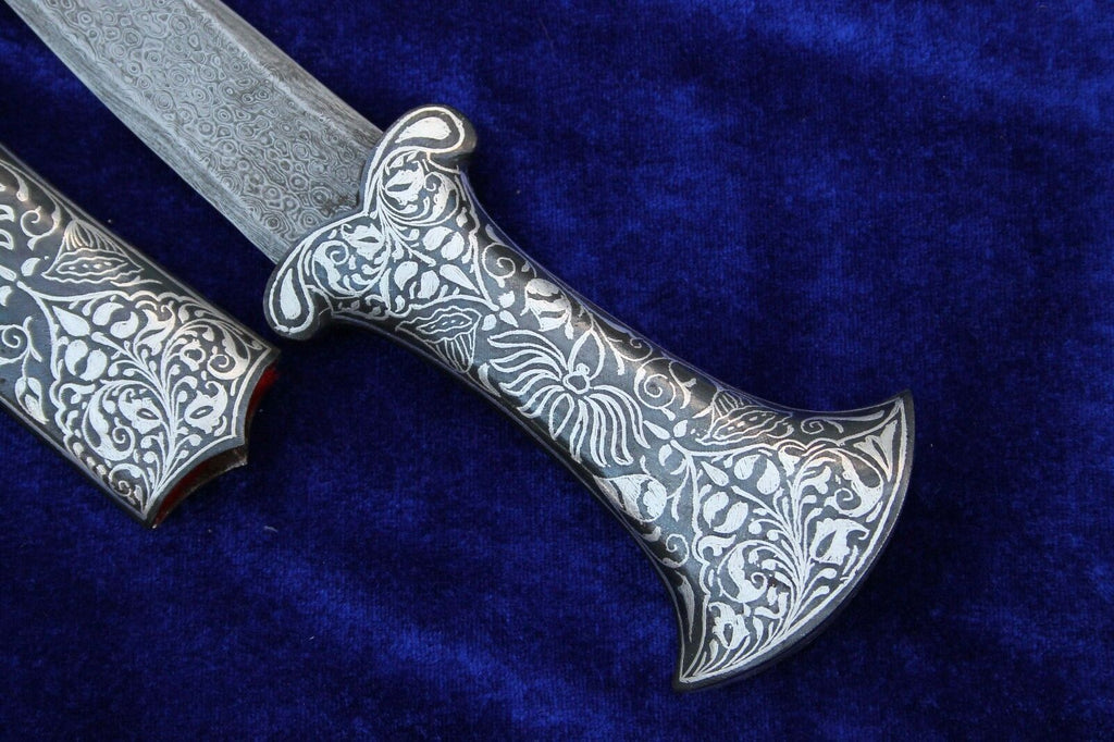 11" Persian Jambiya Dagger Khanjar Knife Silver Inlay Damascened Design Work